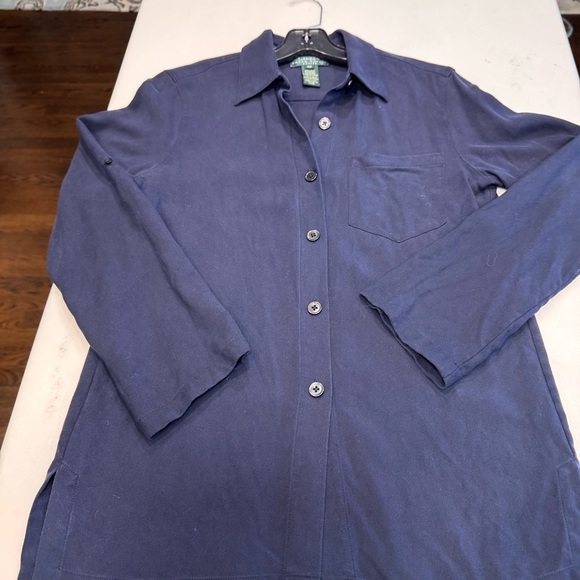 Ralph Lauren Women’s Button Up SILK Shirt Navy Blue Roll Tab Sleeves Sz 4P - Picture 8 of 9